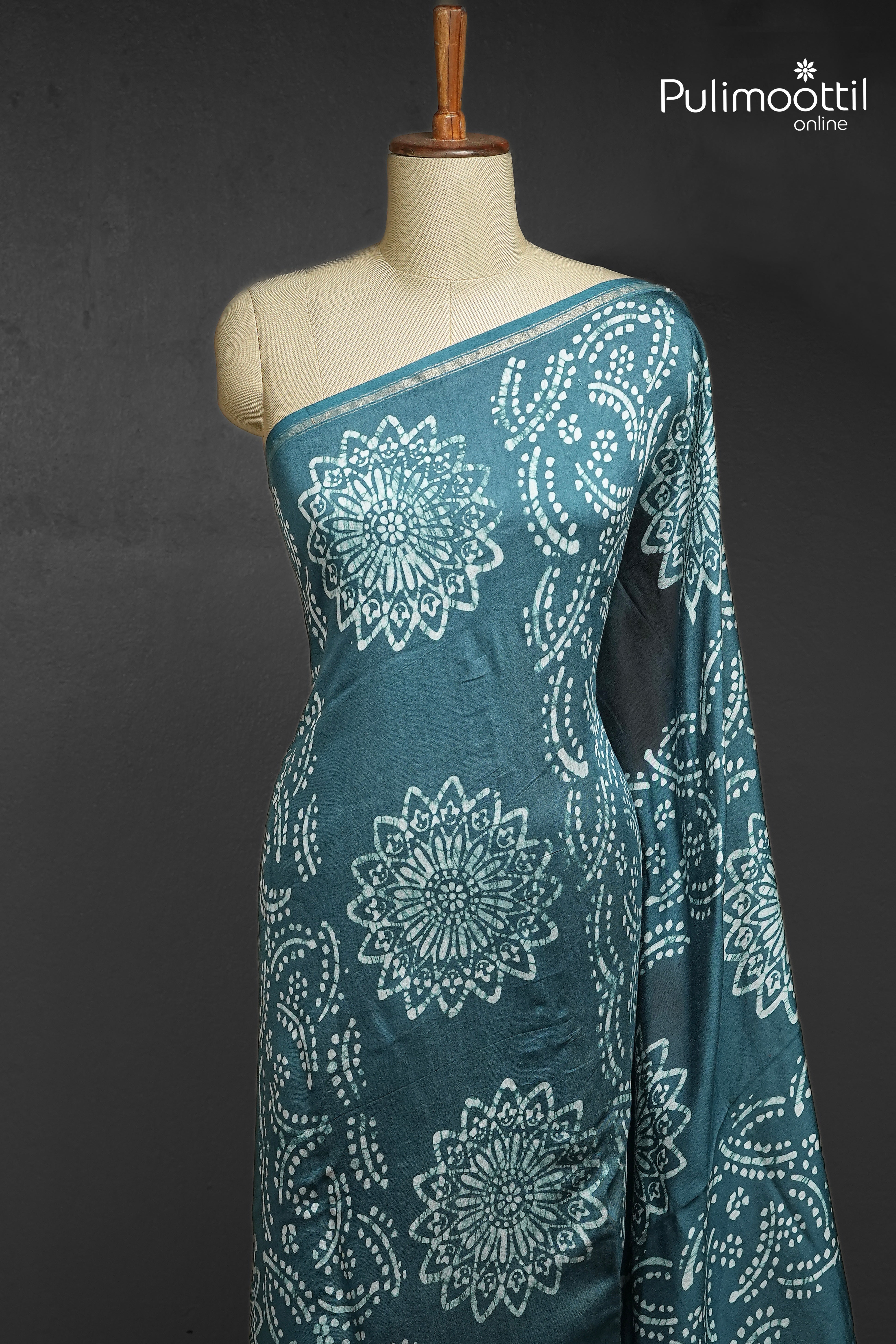 Dark Steel Blue Colour Batik Design Chanderi Saree