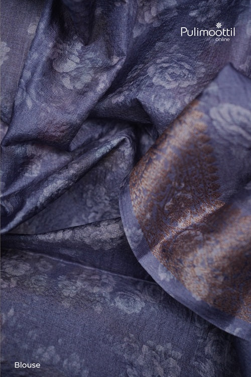 Lavender Floral Semi Silk Saree With A Full-Cover Floral And Leaf Vine Weave.