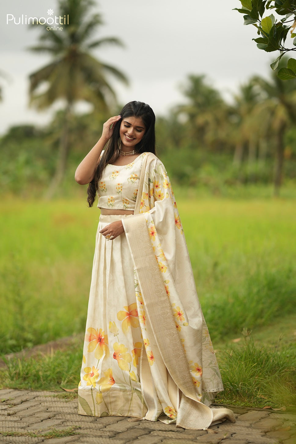 Onam Special Kerala Traditional Bright Cream Chanderi Silk Dhavani Set