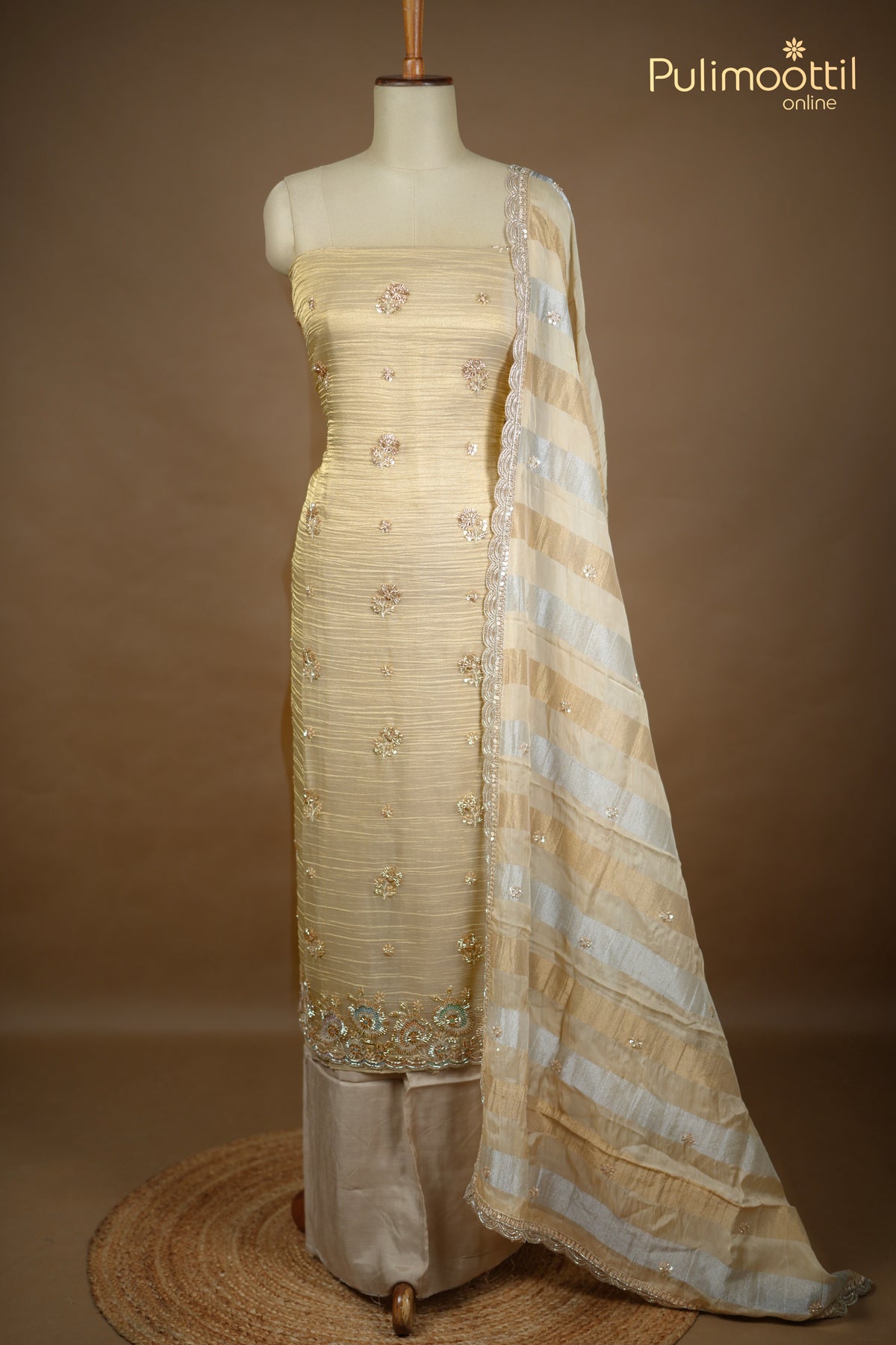 Golden Crushed Tissue Organza Unstitched Salwar Set