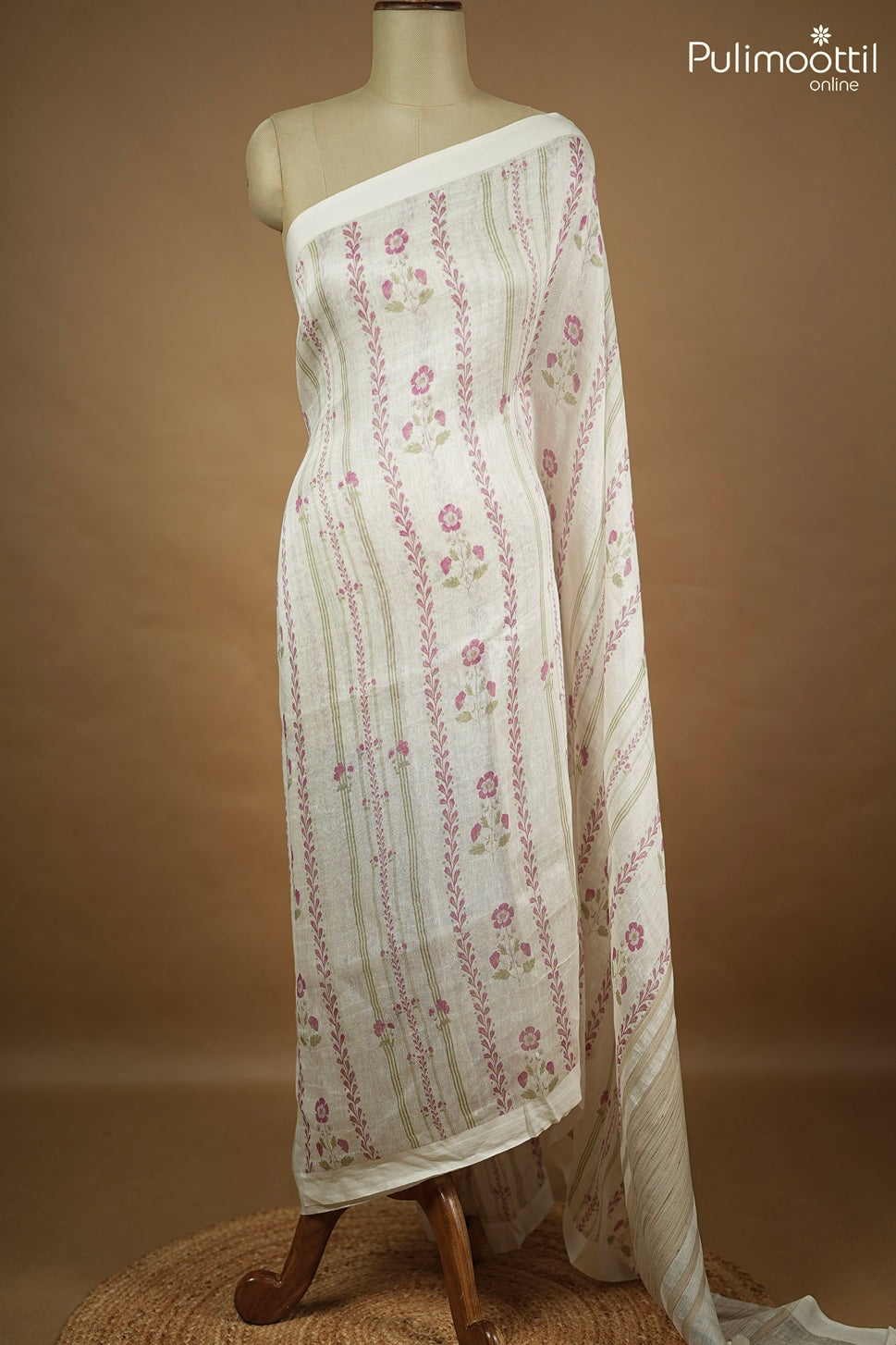 Off White Colour Lenin Silk Saree