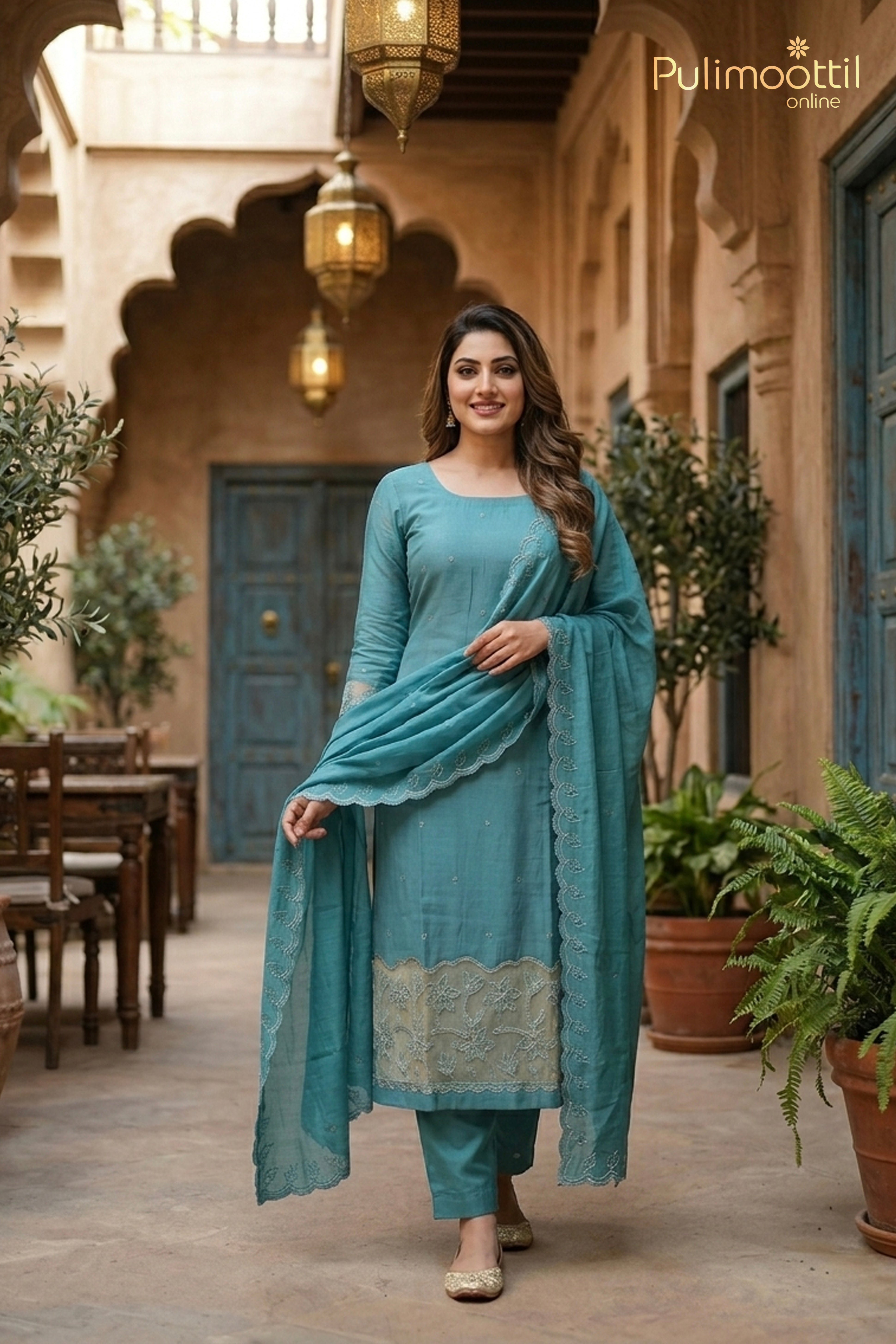 DARK SKY BLUE BLENDED CHANDERI UNSTITCHED SALWAR SET