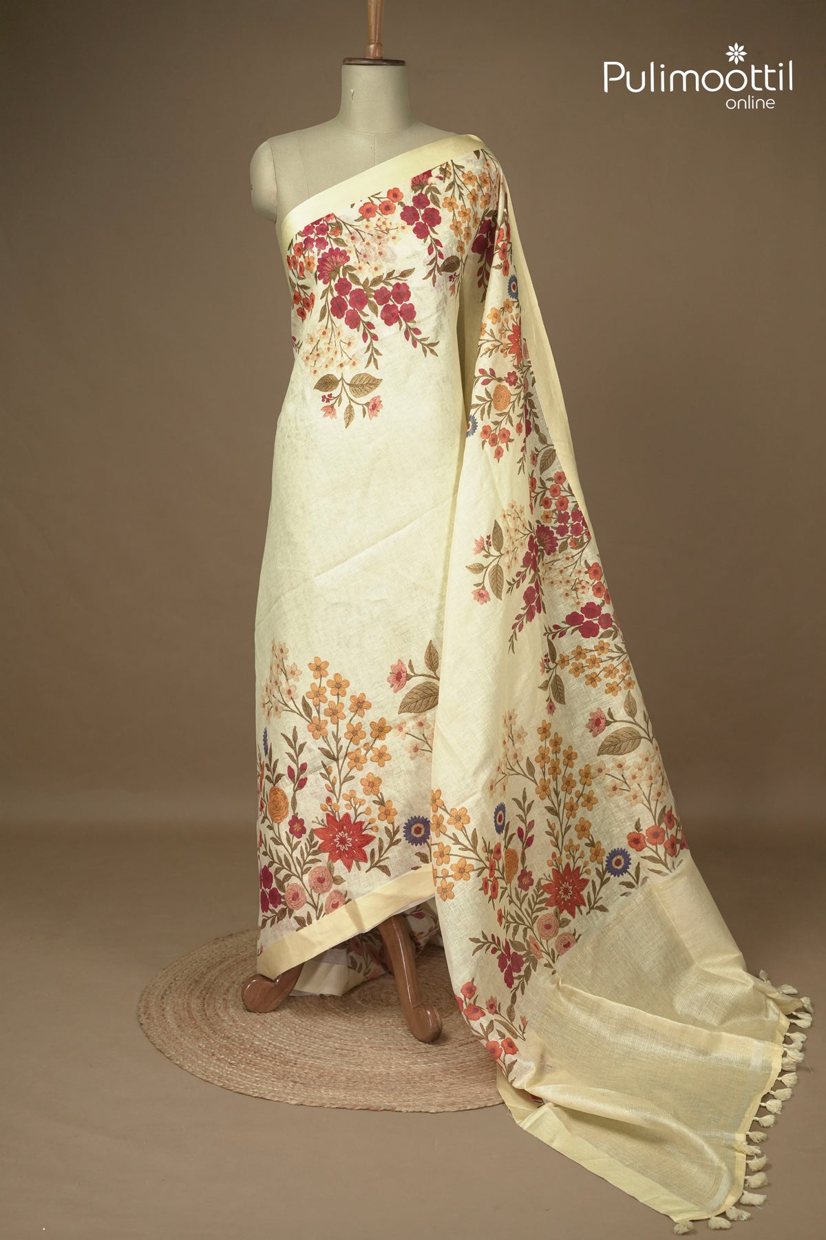 Cream Custard Linen Silk Saree