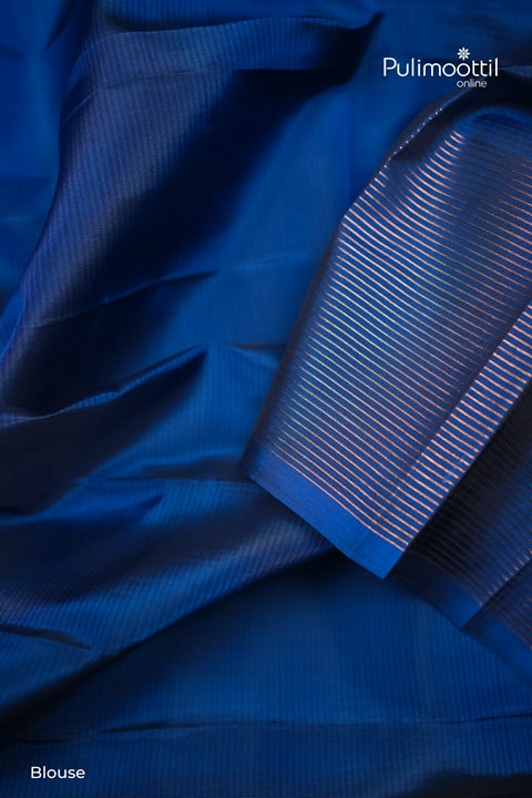 Dark Navy Blue Kanchipuram Silk Saree with Copper Butta and Contrast Borders.