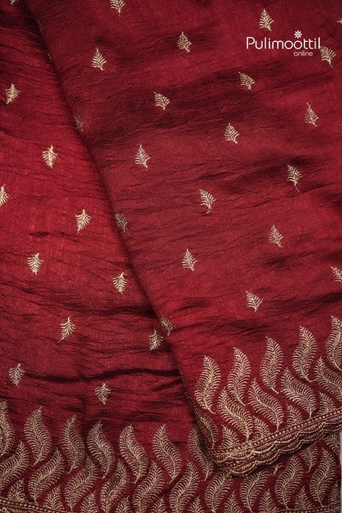Reddish Maroon Vijithra Silk Golden Zari  Butta Work On Body.