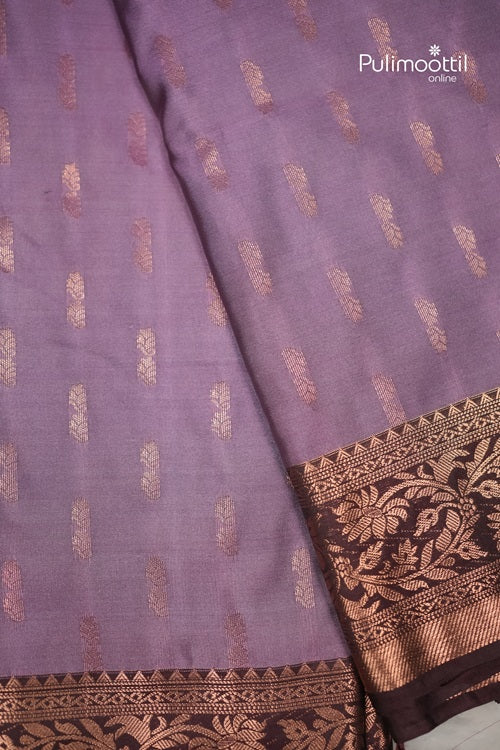 Lavender Semi Silk Saree With Contrast Coffee Brown Border.