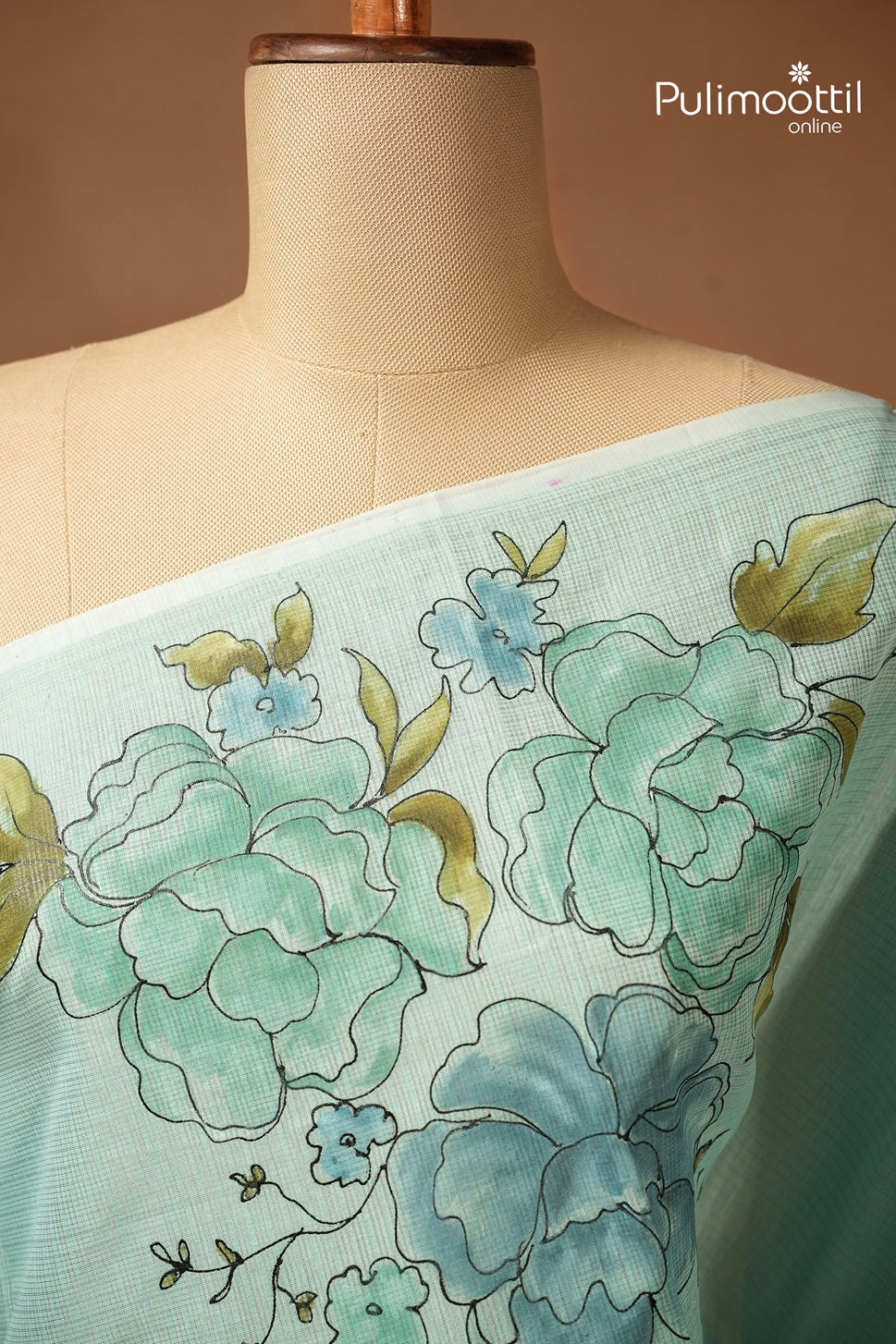 Mint Blue Colour Net Cotta Free Hand Floral Painting Saree