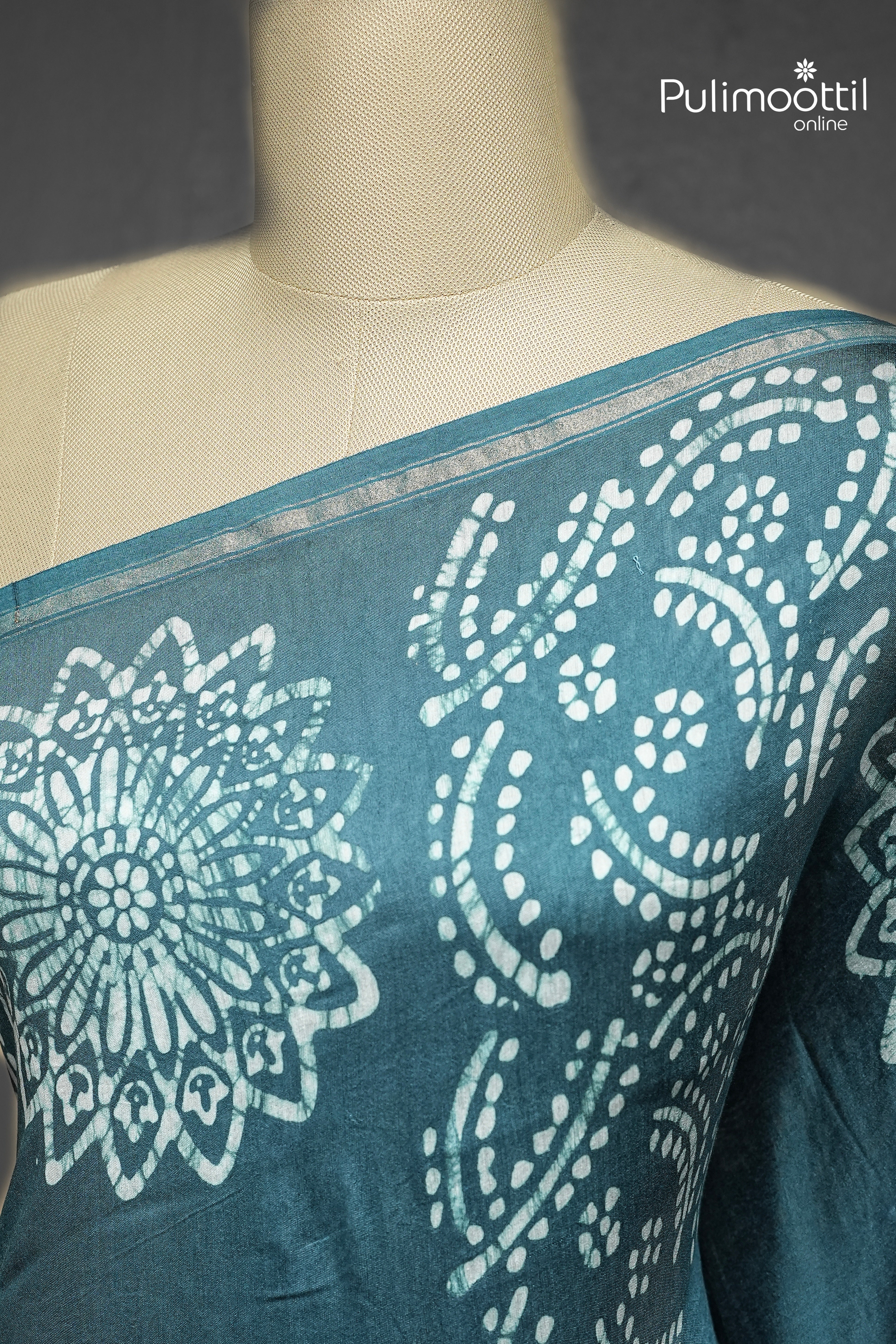 Dark Steel Blue Colour Batik Design Chanderi Saree