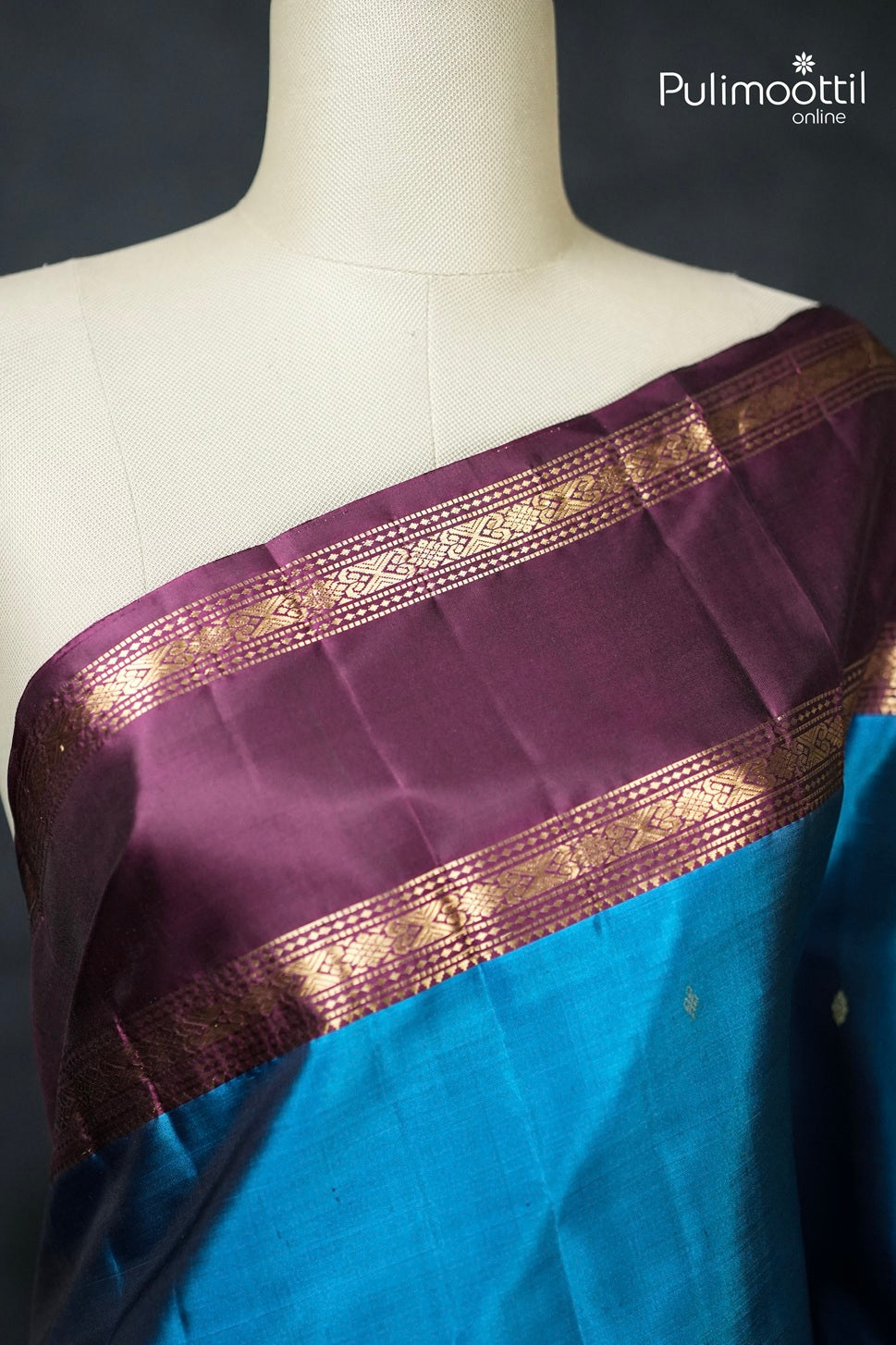Dark Sky Blue Colour Kanchipuram Designer Saree