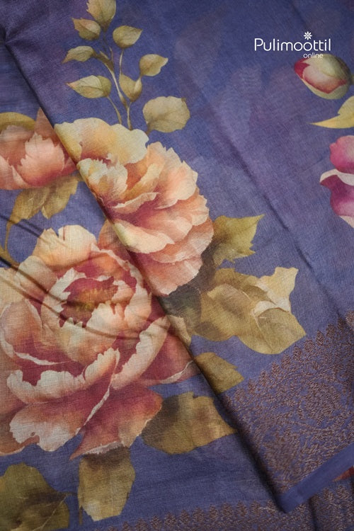 Lavender Floral Semi Silk Saree With A Full-Cover Floral And Leaf Vine Weave.
