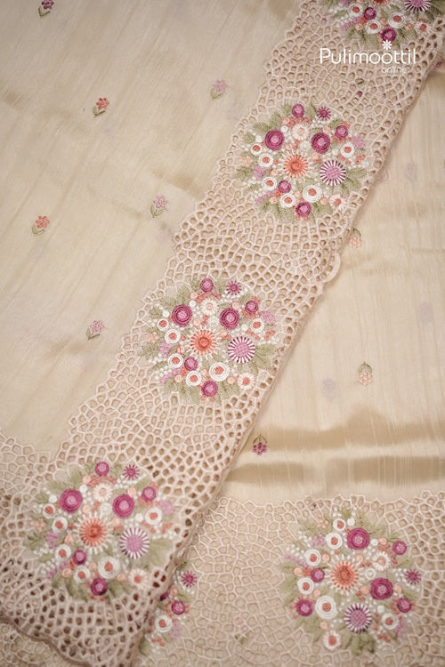 Beige Colour Semi Tussar Saree With Thread Work And Cut Work On Border.