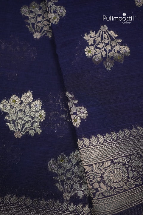 Navy Blue Semi Jute Saree With Zari Butta Work.