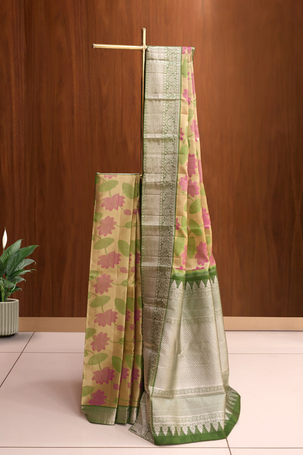 Golden Green Color Kanchipuram Soft Silk Saree