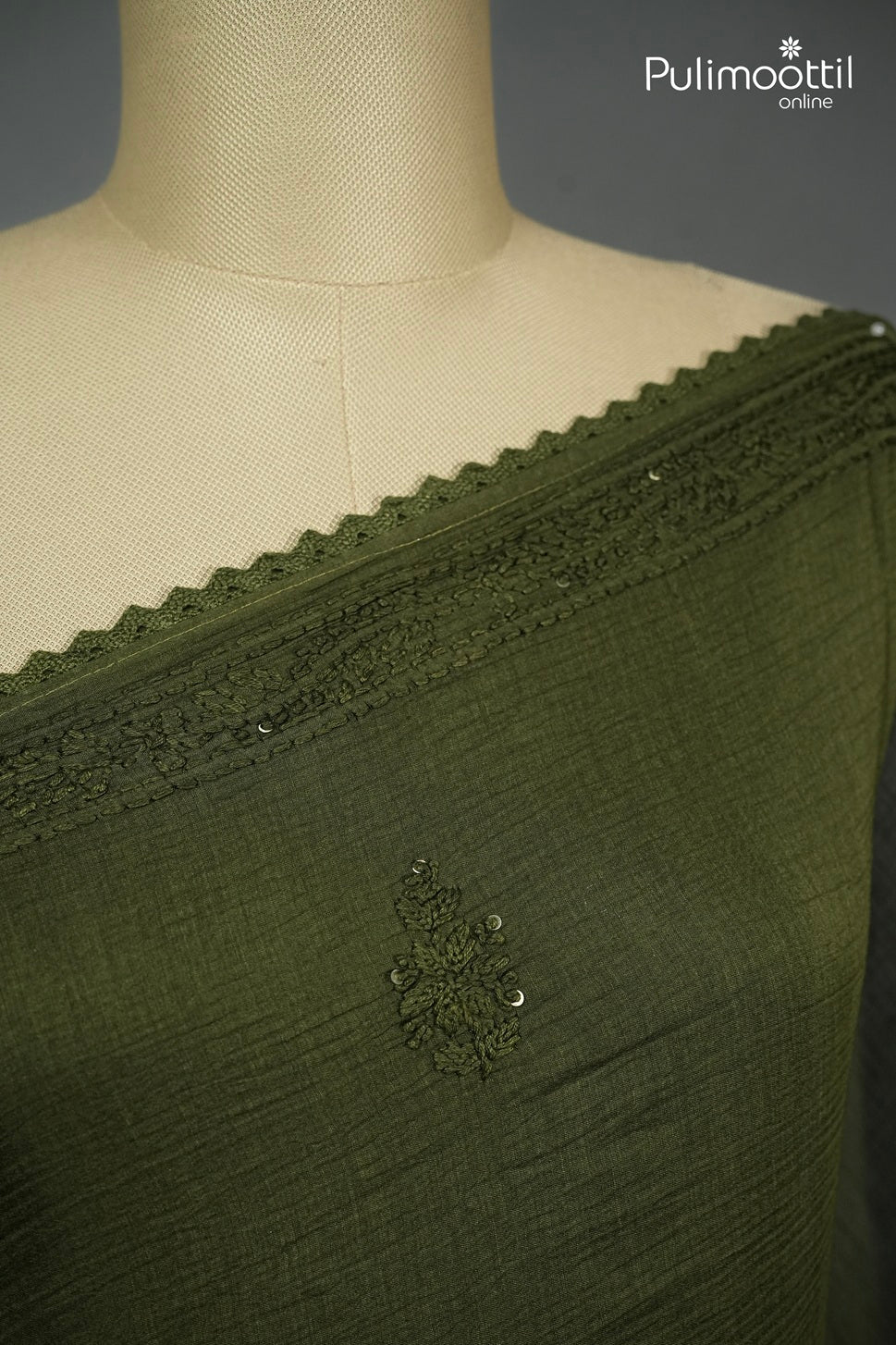 Dark Olive Green Colour Chanderi Chikankari Saree