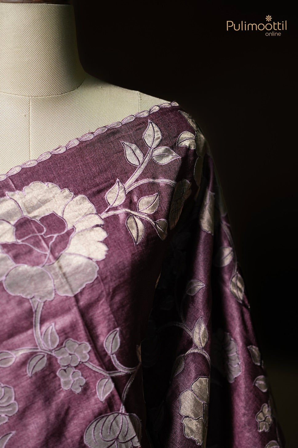 Dark Onion Colour Applique Tussar Silk Saree