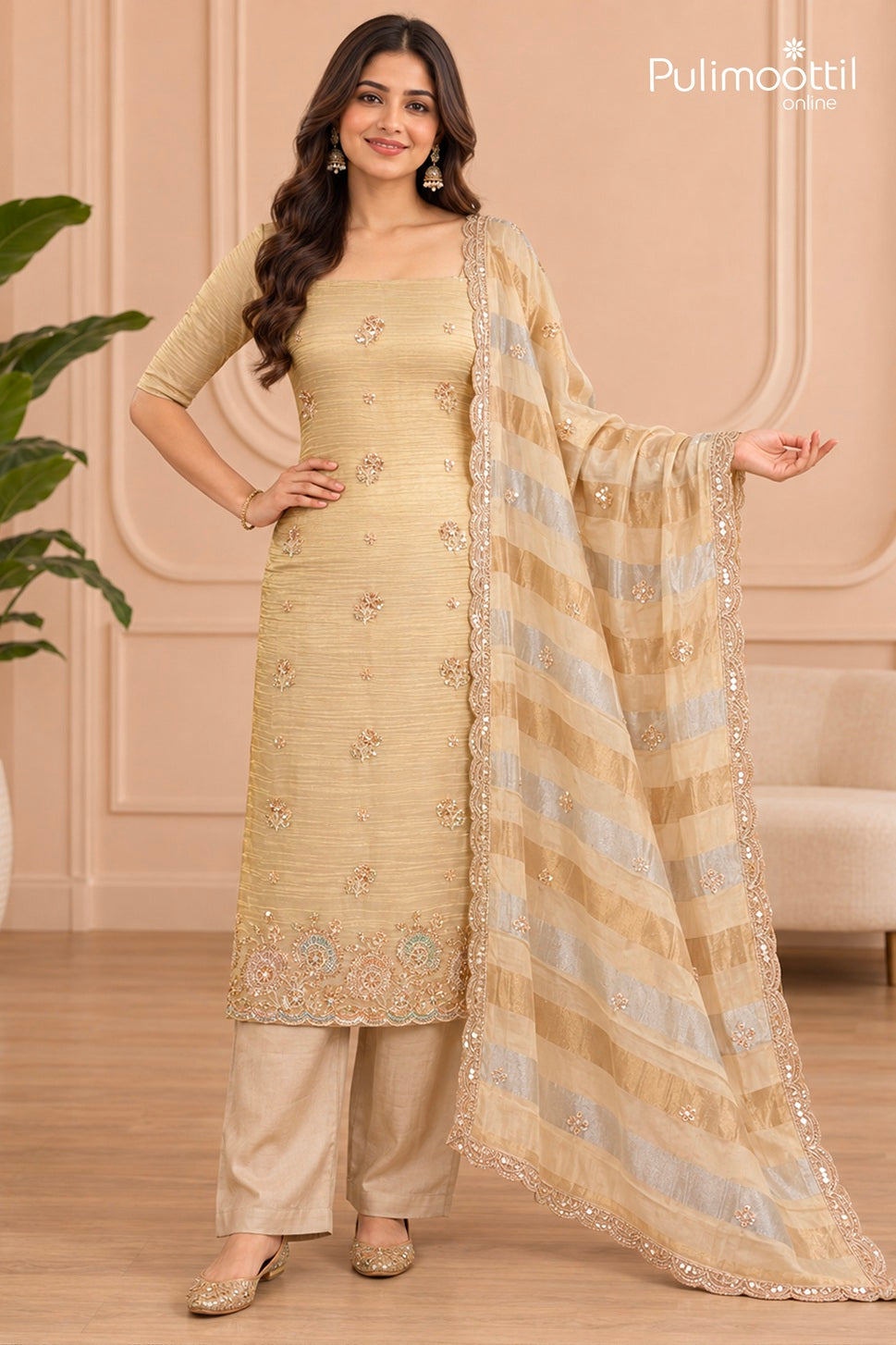 Golden Crushed Tissue Organza Unstitched Salwar Set