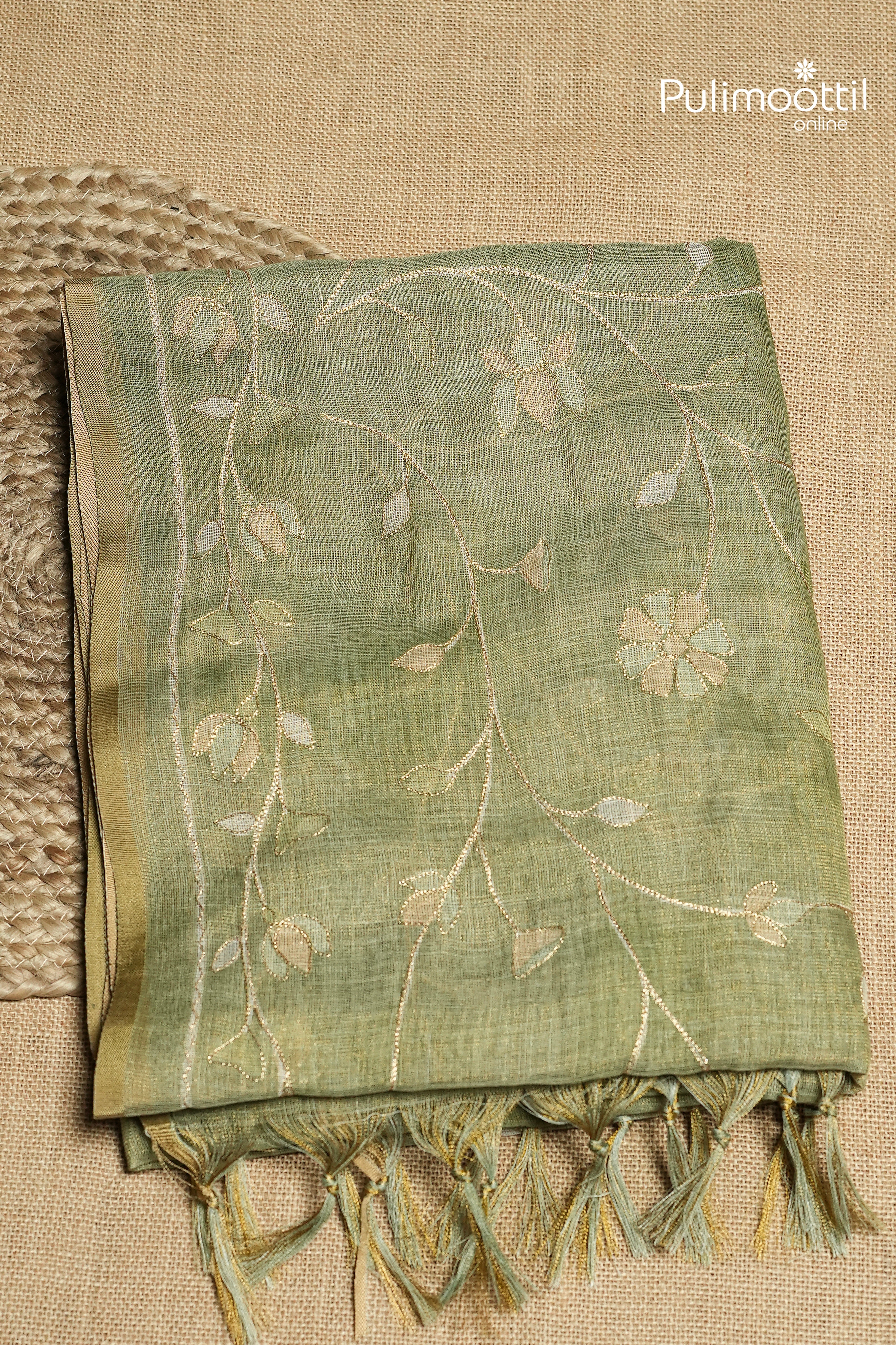 Light Olive Green Colour Linen Tissue Saree