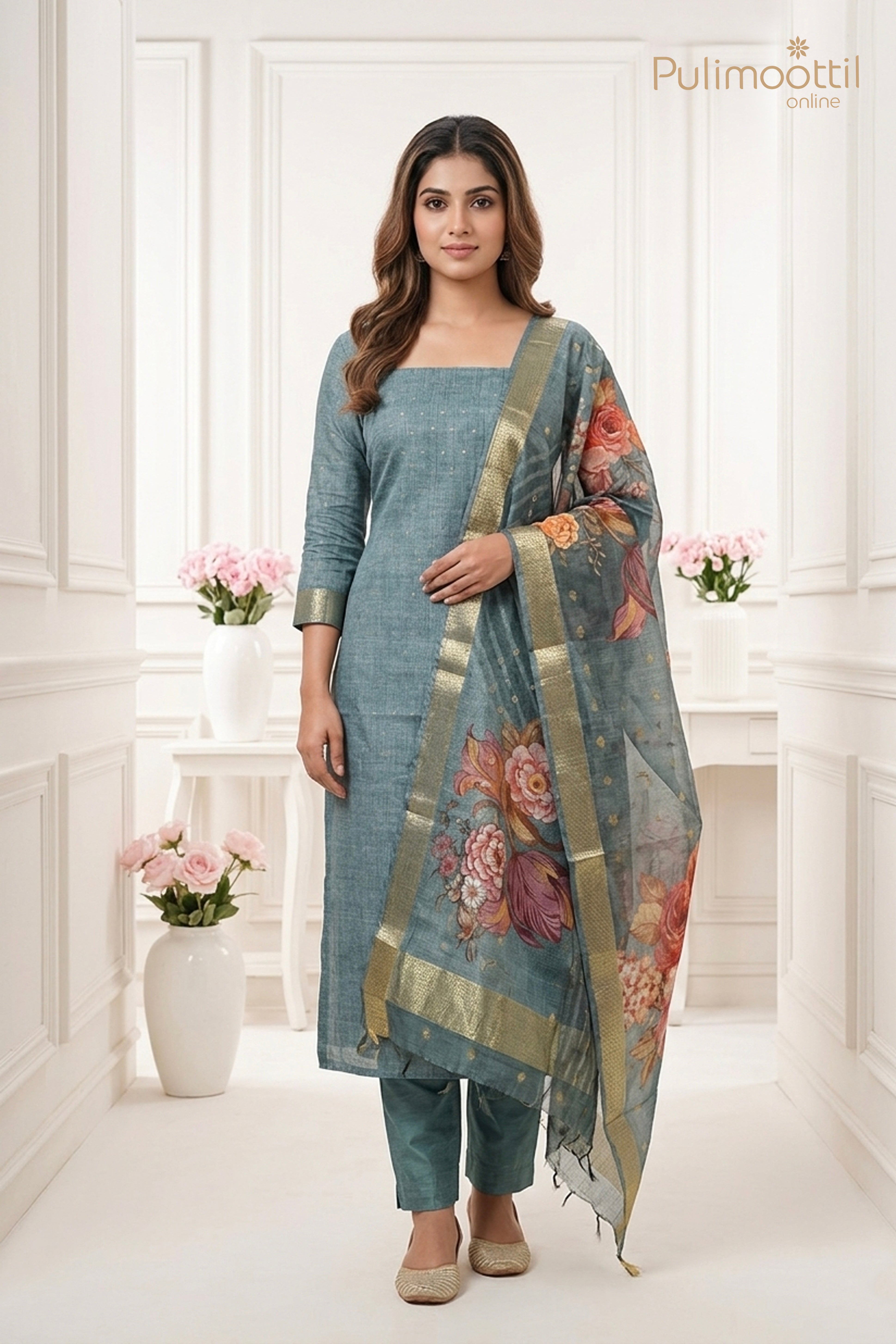 DARK PEACOCK GREEN SEMI CHANDERI UNSTITCHED SALWAR SET
