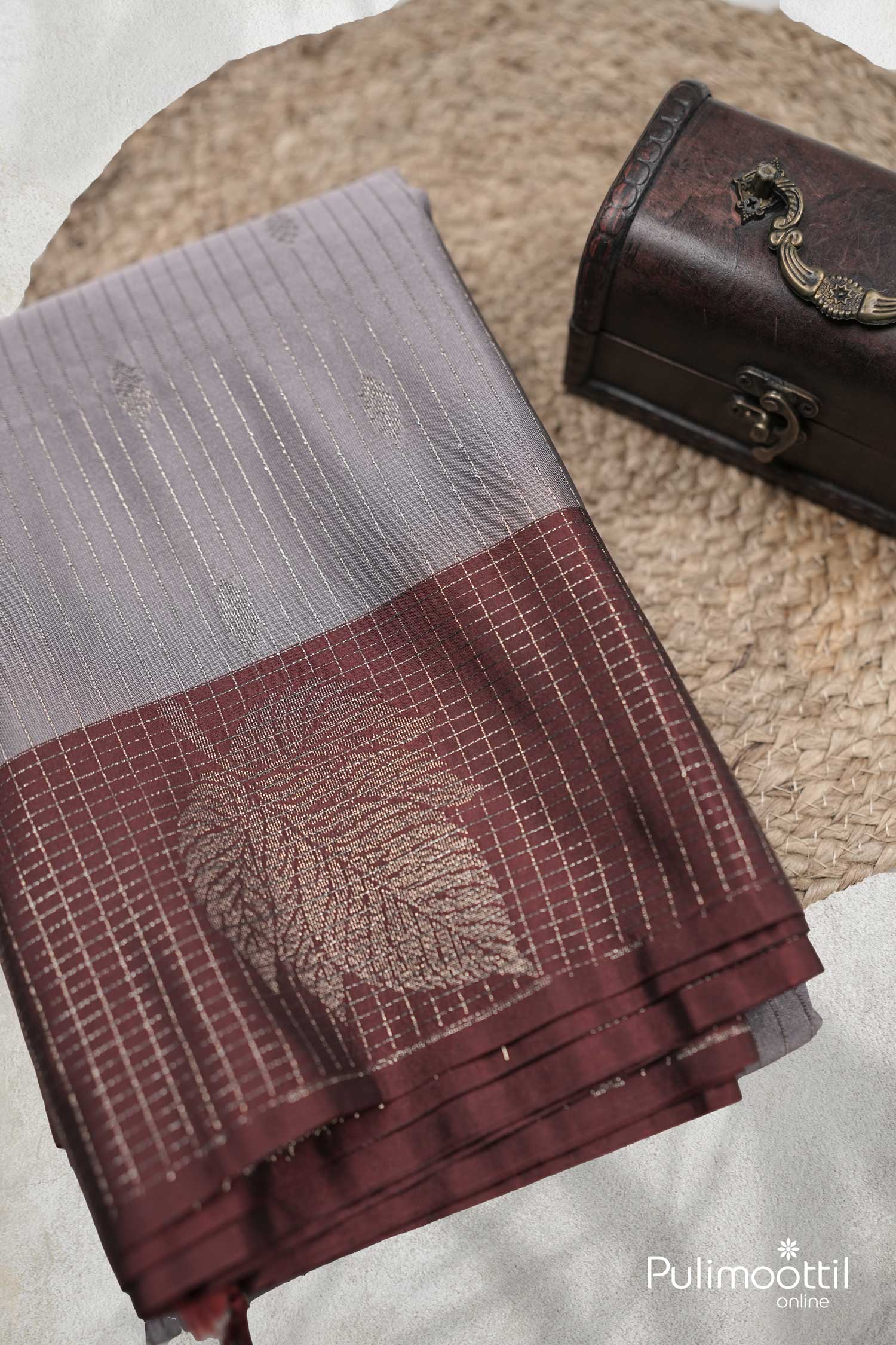 Grey With Maroon Border Semi Silk Saree.