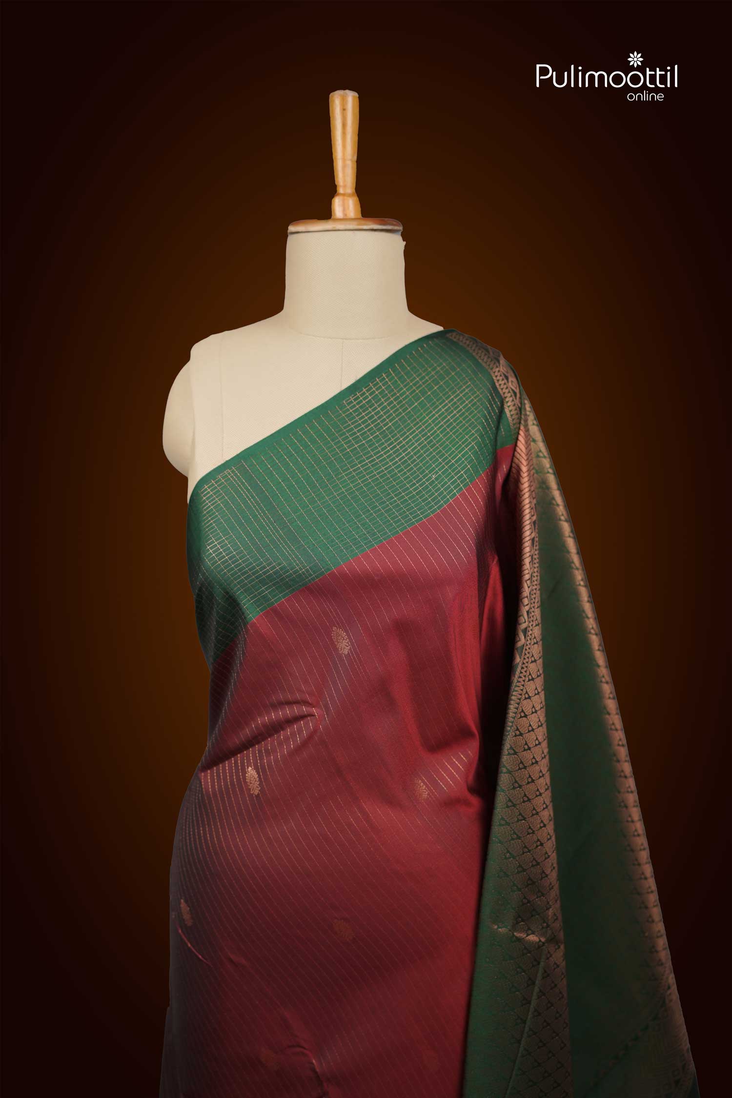 Maroon With Green Border Semi Silk Saree.