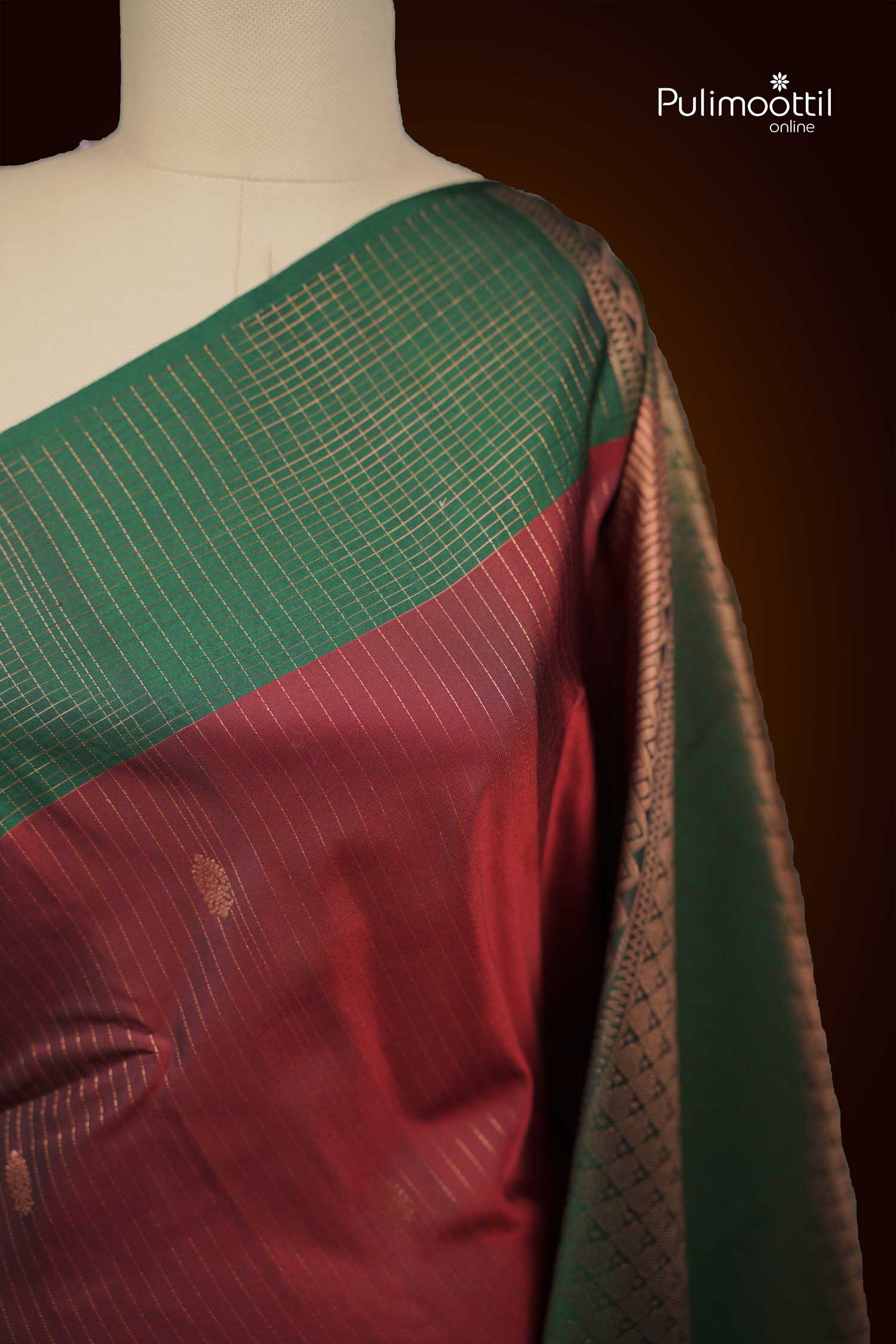 Maroon With Green Border Semi Silk Saree.