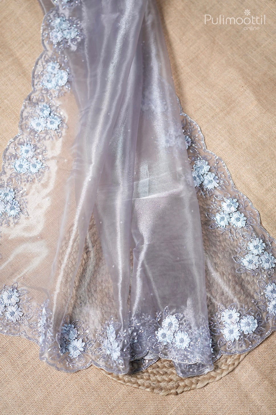 Soft smoke colour silver tissue organza fancy saree