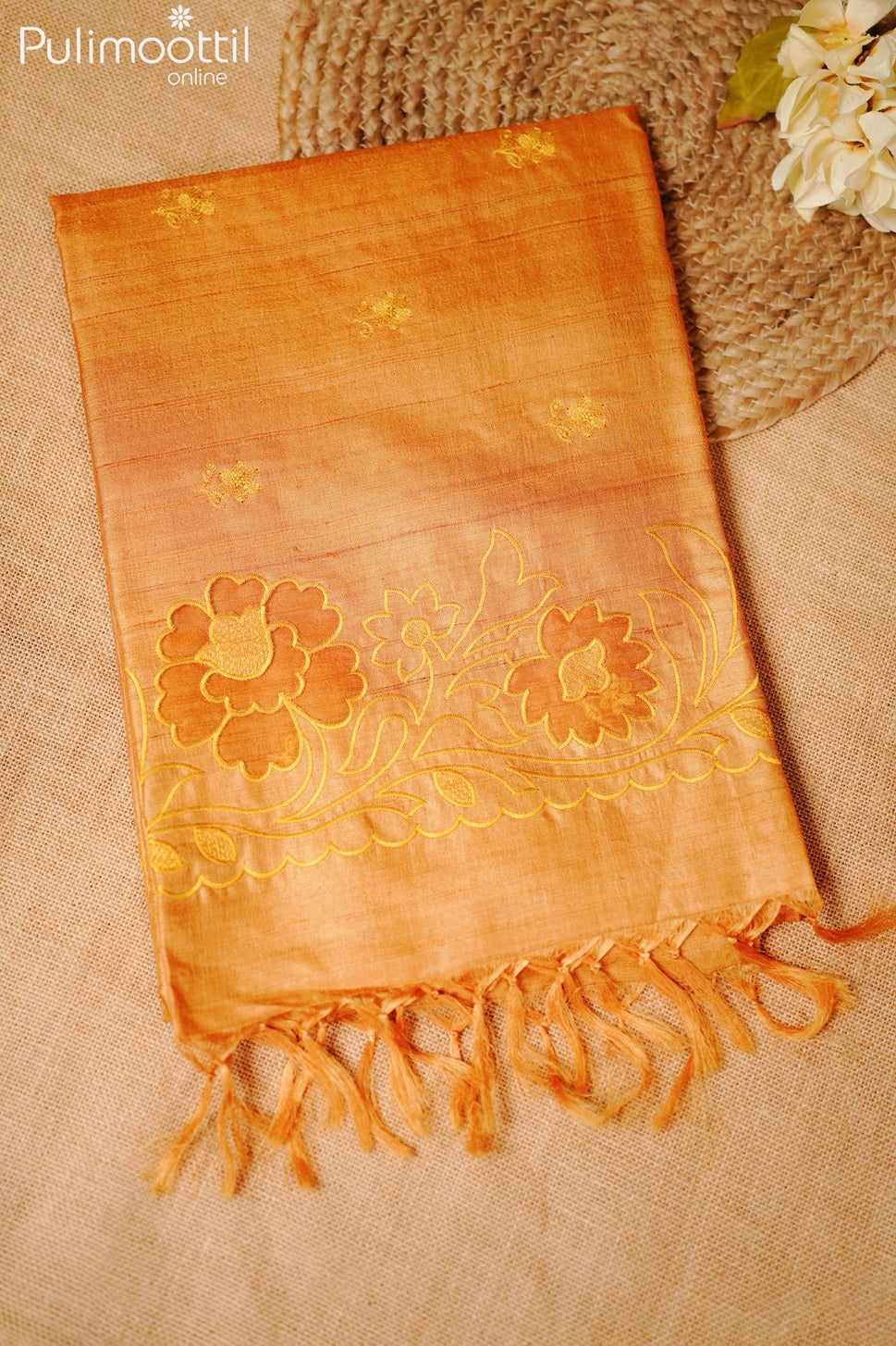 Golden yellow color appliqué work Tussar silk saree
