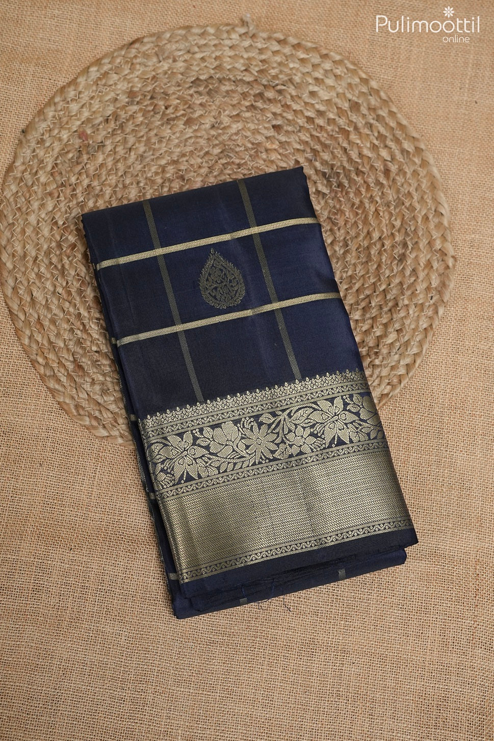 Dark blue color Kanchipuram designer saree