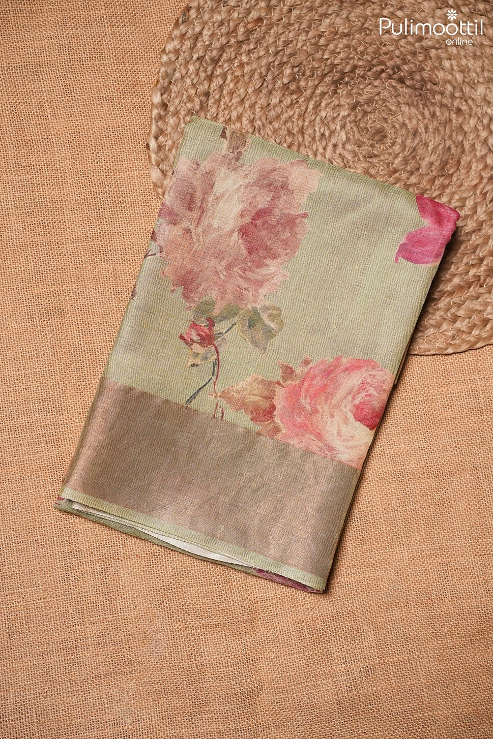 Pastel olive green color Tussar silk saree