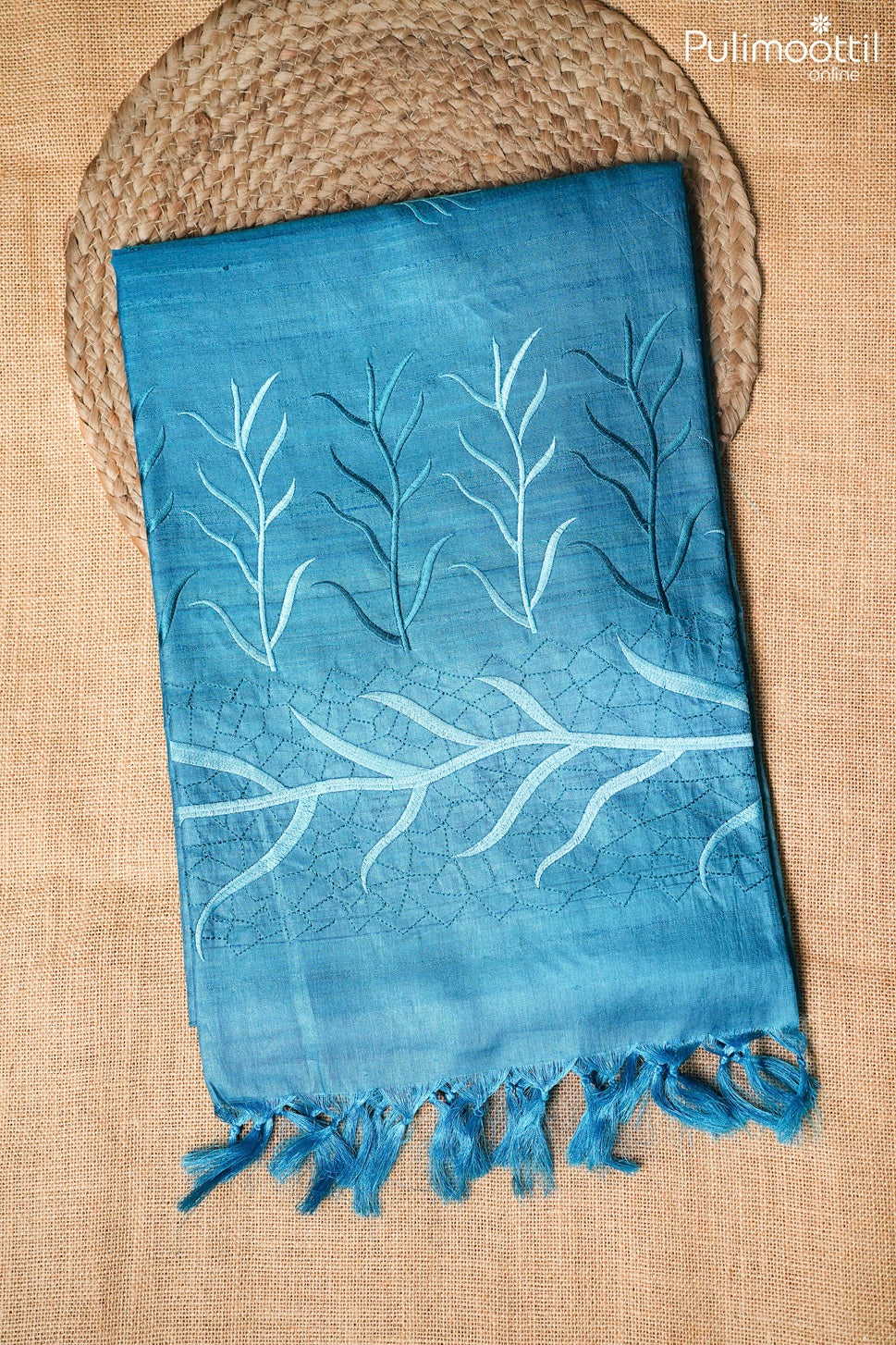 Dark aqua blue color Tussar silk saree