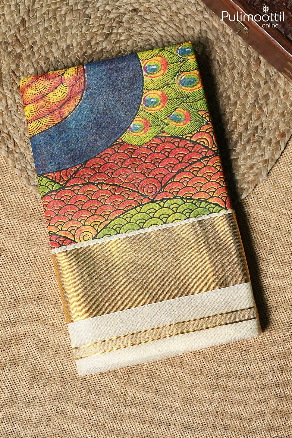 Kerala traditional golden tissue peacock printed set saree