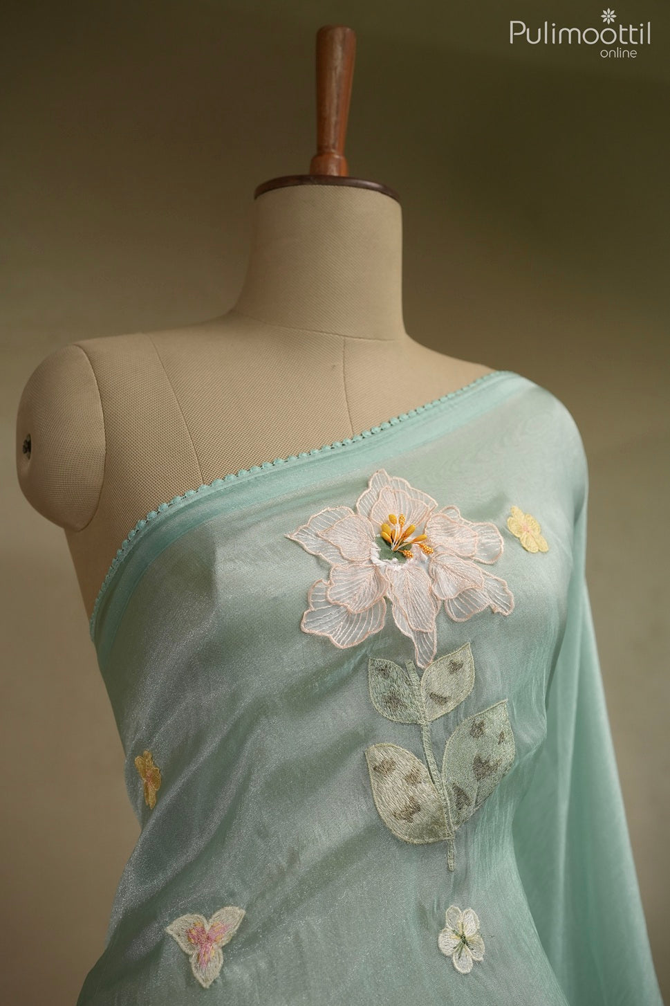 Mint blue color tissue organza fancy saree
