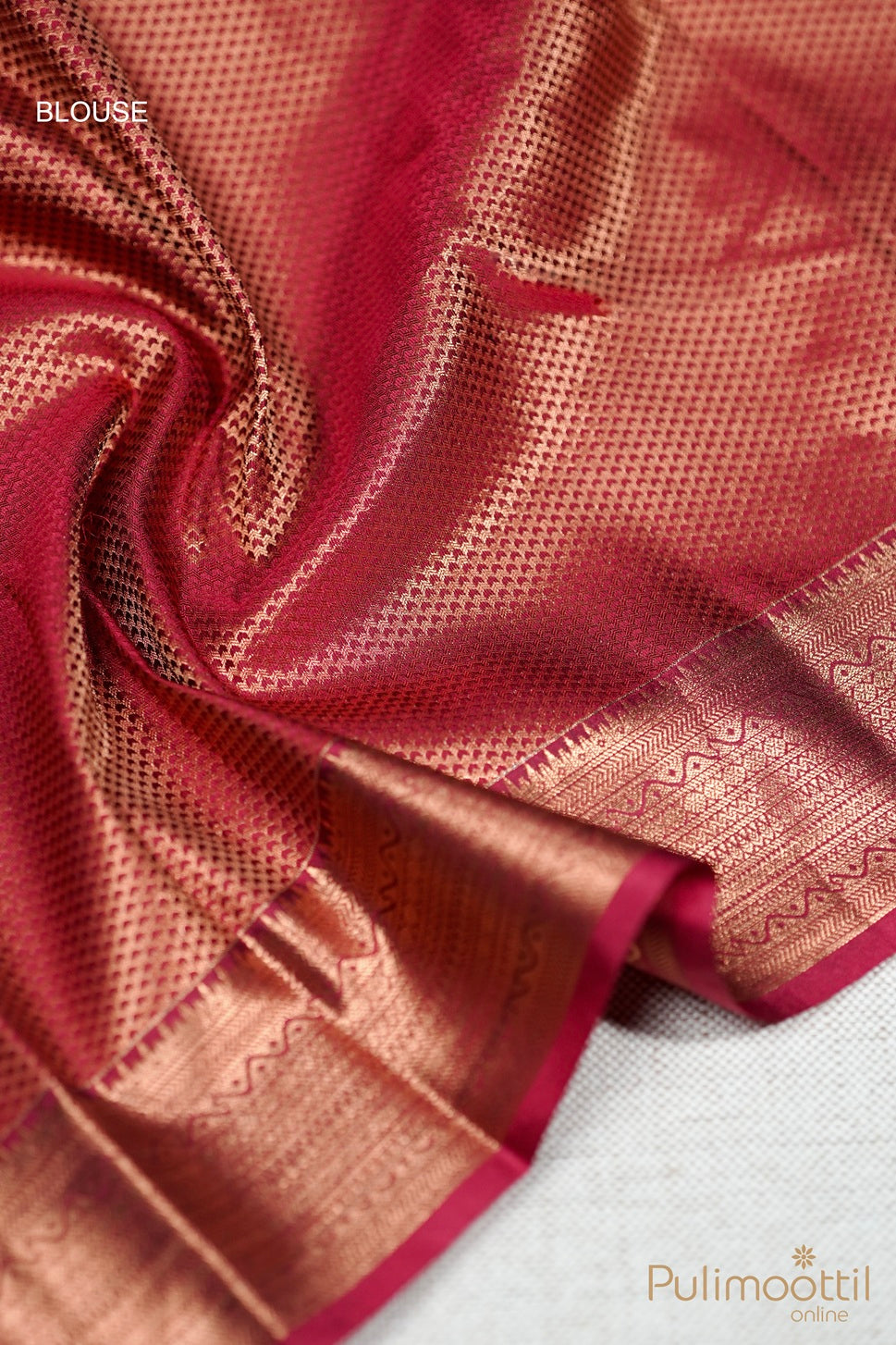 Red and gold designer blouse fabric with jacquard weave border detail