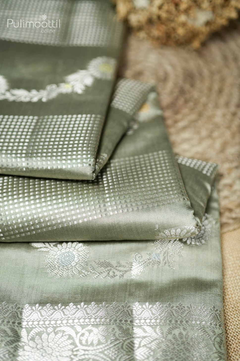 Pastel Olive Green Colour Chiniya Silk Saree