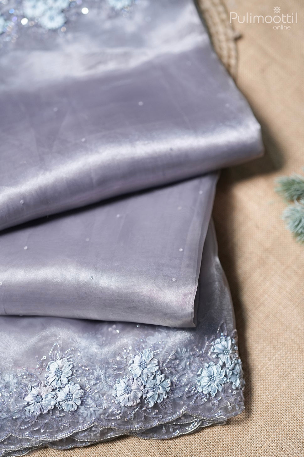 Soft smoke colour silver tissue organza fancy saree