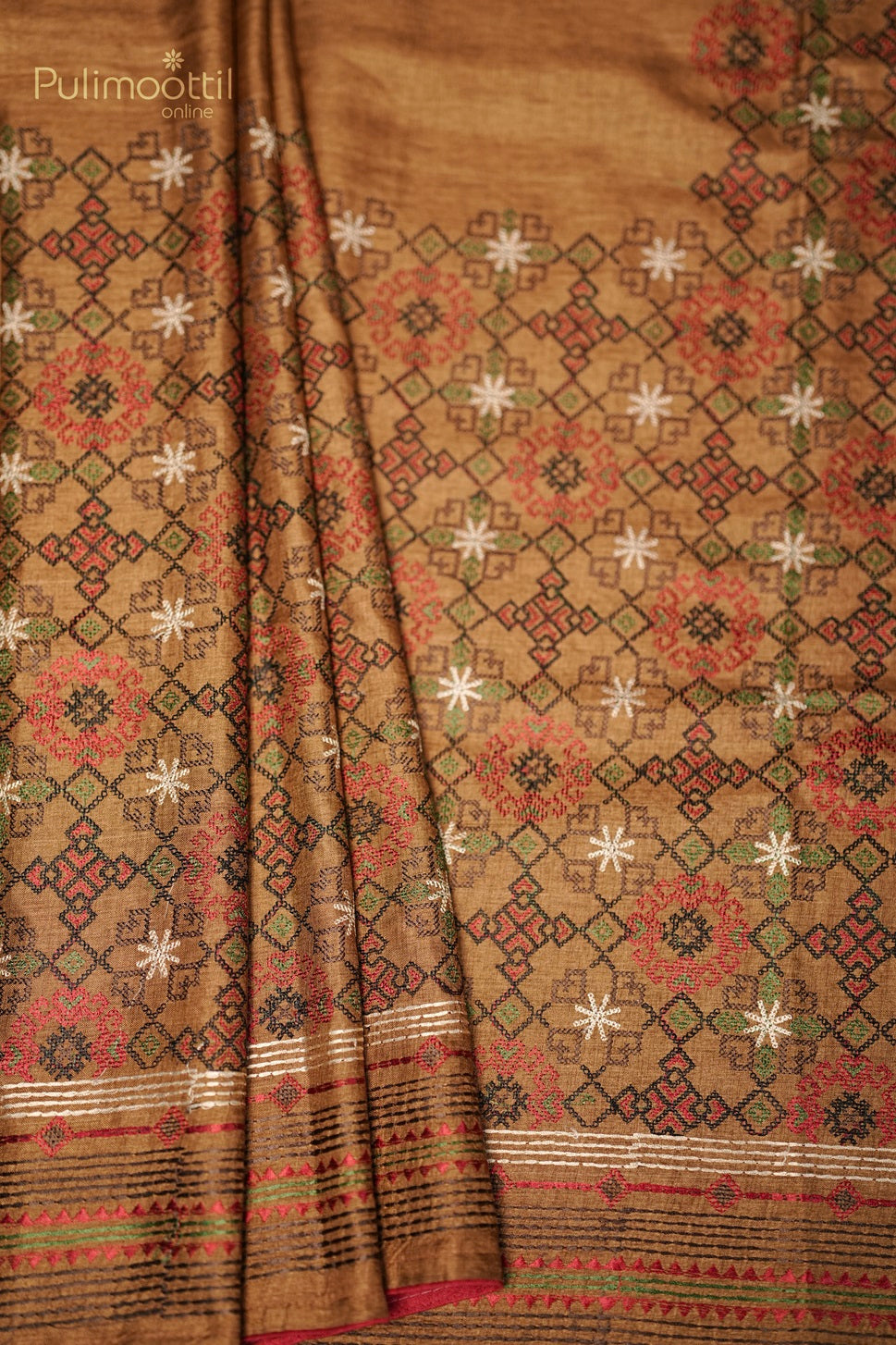 Chickoo Colour Semi Tussar Kantha Work Embroidery Saree