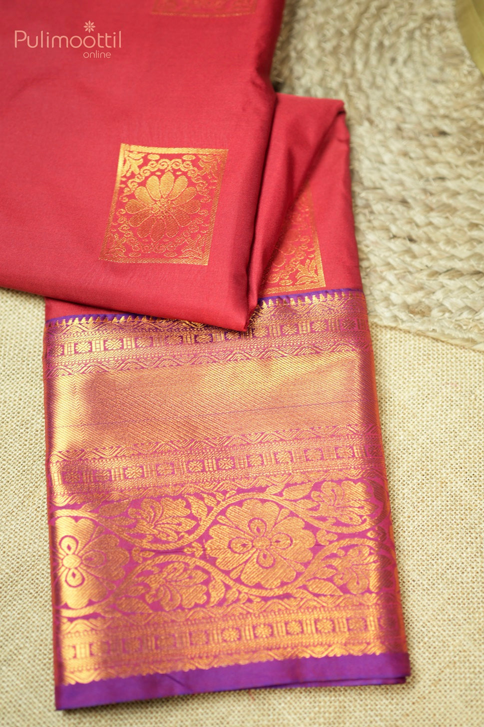 Saffron Red Colour Semi Silk Saree