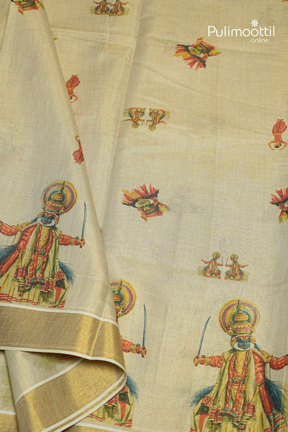 Kerala Traditional Golden Tissue Kathakali Printed Set Saree