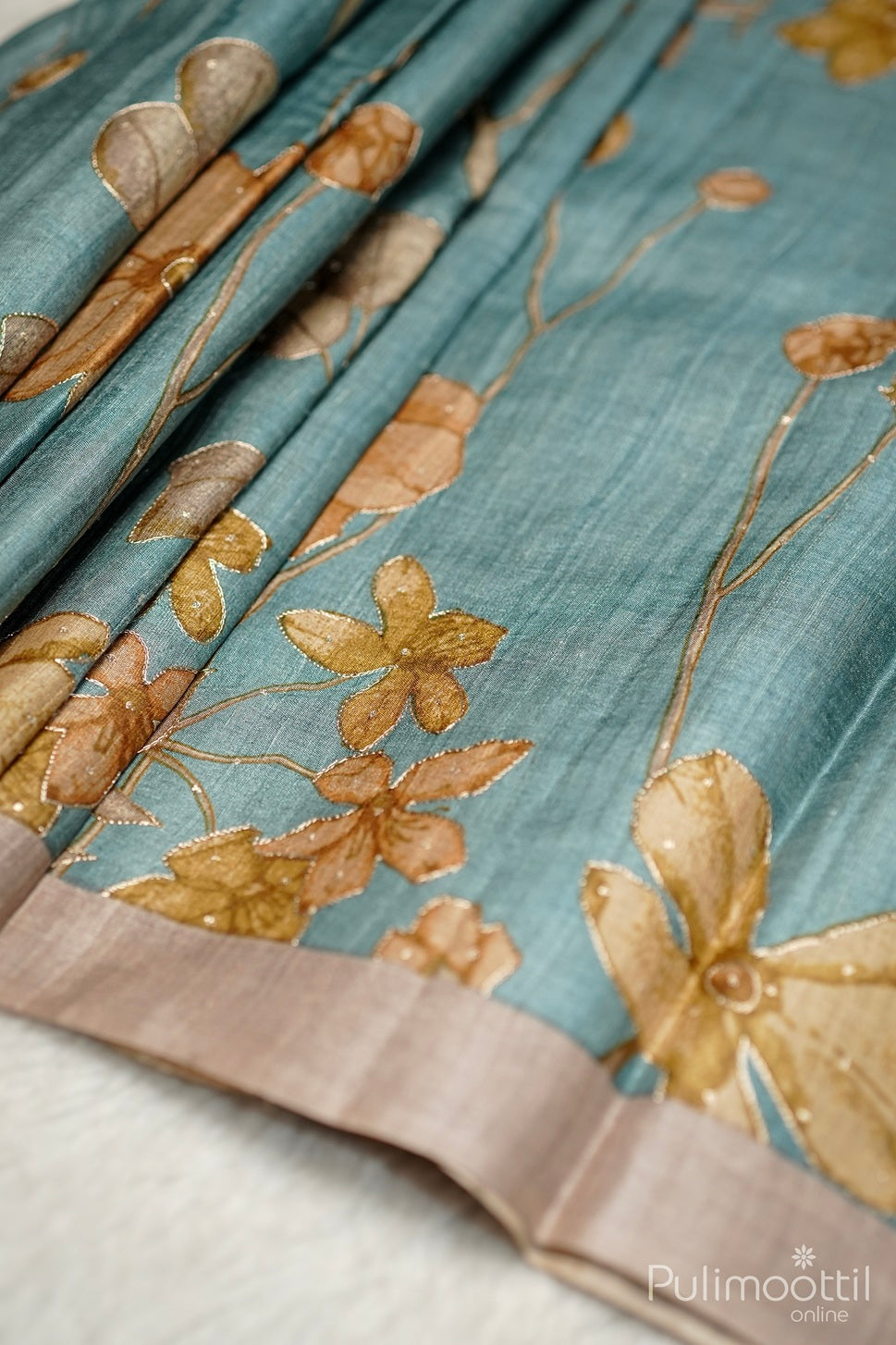 Teal Blue Colour Tussar Silk Saree.