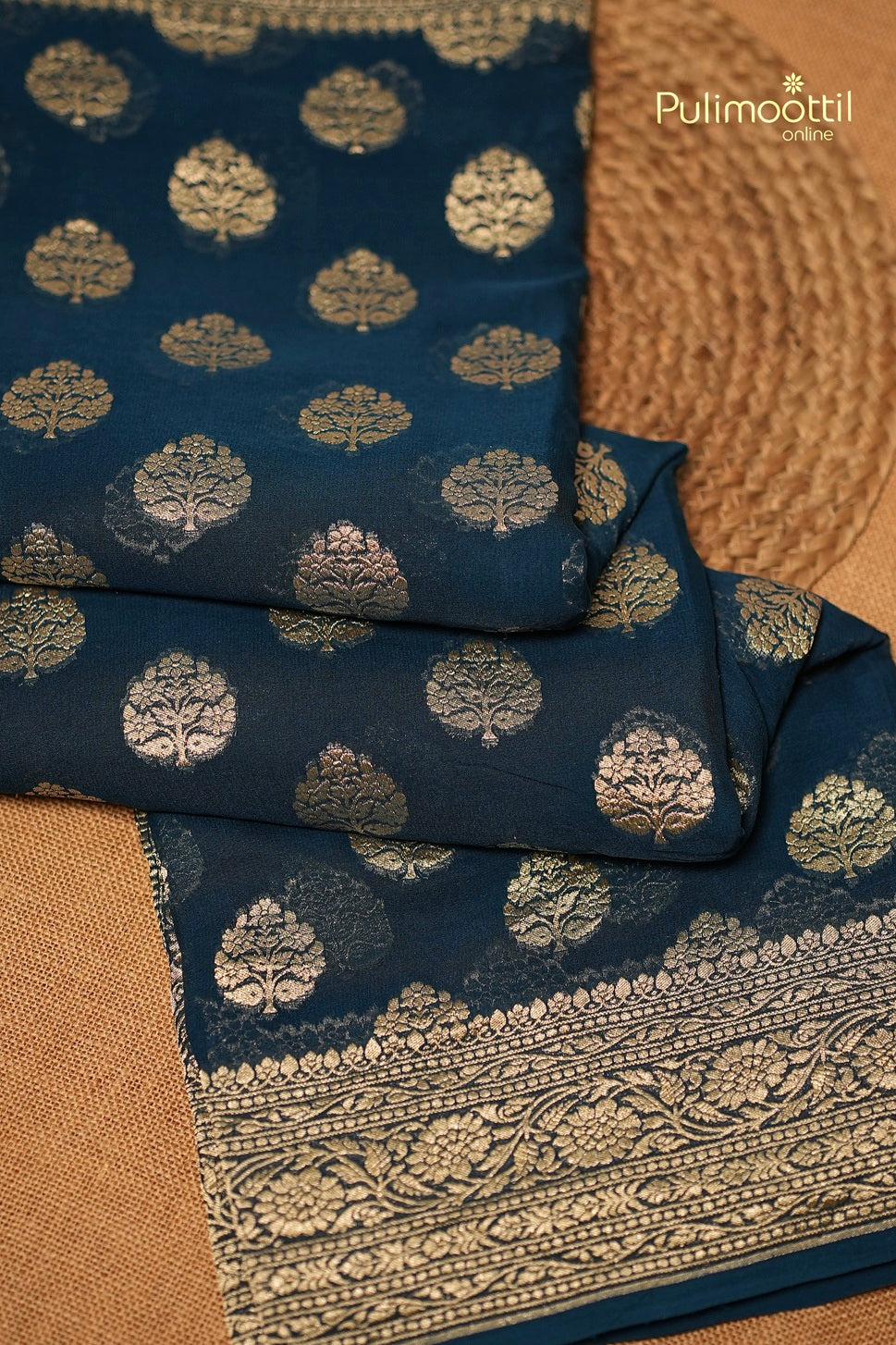 Dark Peacock Blue Colour Banarasi Saree