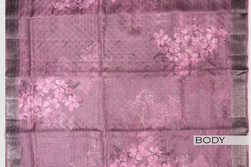 Wine color printed Tusser silk saree .