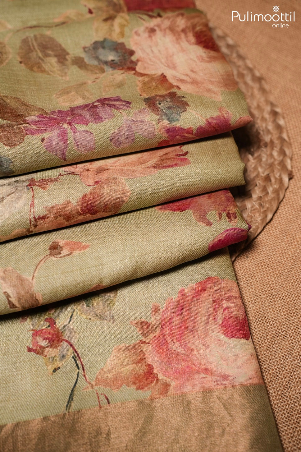 Pastel olive green color Tussar silk saree