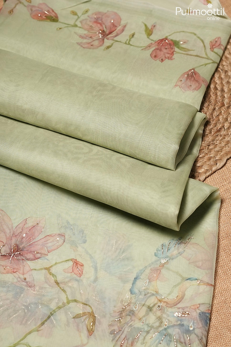 Pastel green color organza saree