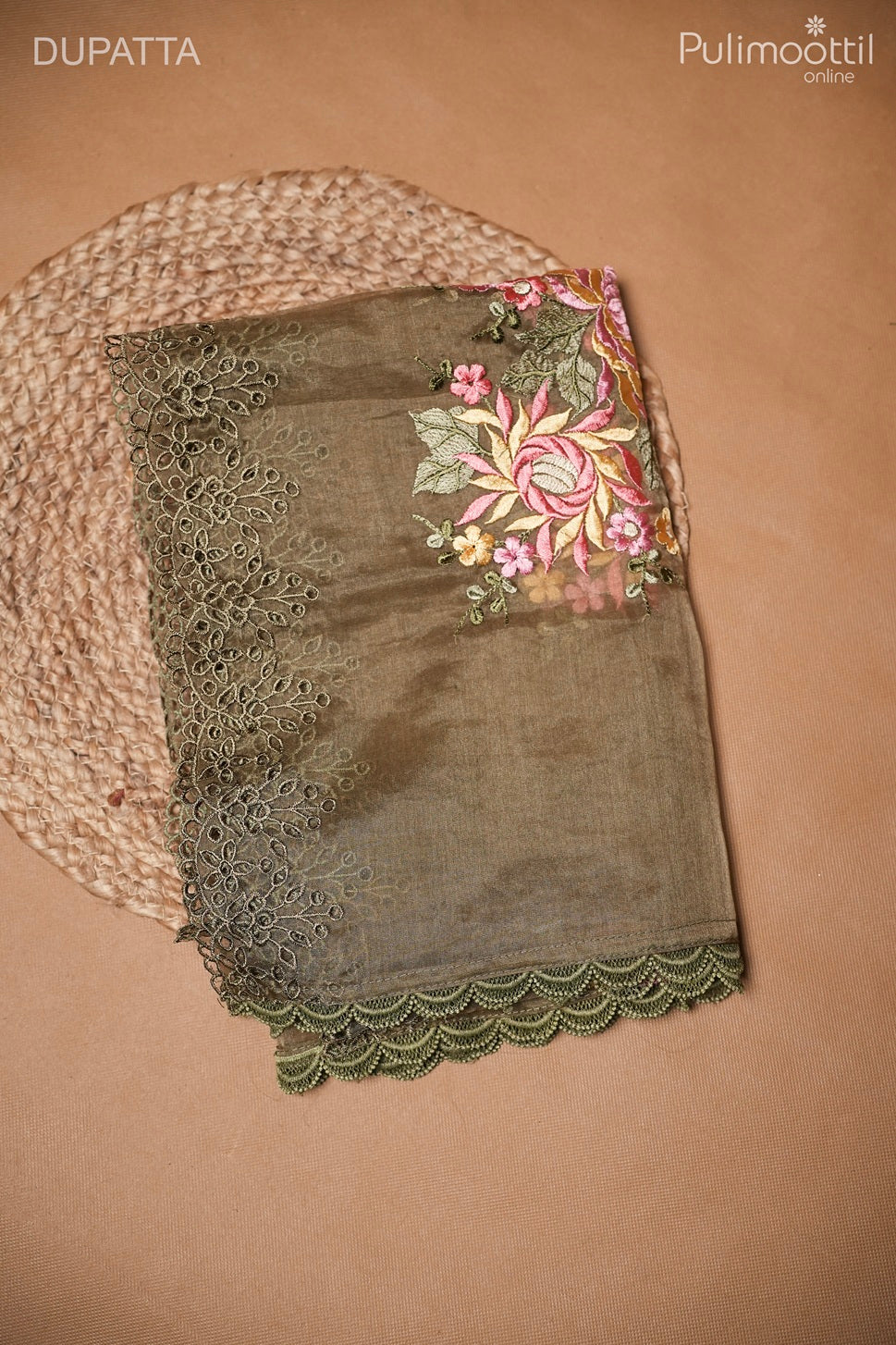 Olive Green Chanderi Unstitched Salwar Set