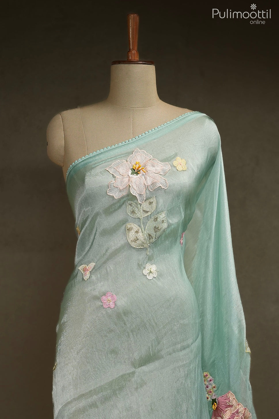 Mint blue color tissue organza fancy saree