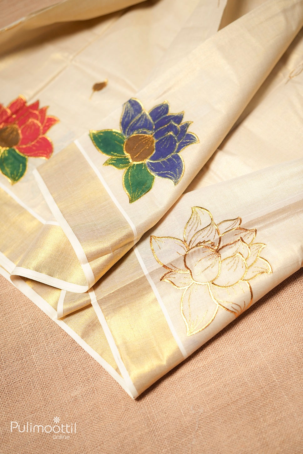 Kerala traditional lotus painting set saree