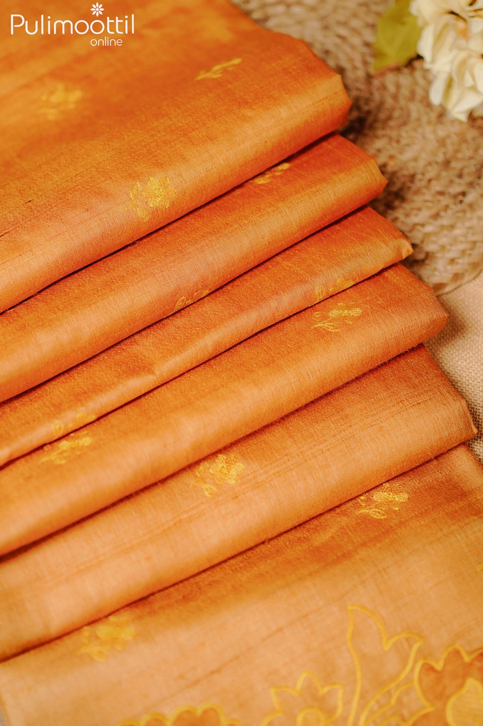 Golden yellow color appliqué work Tussar silk saree