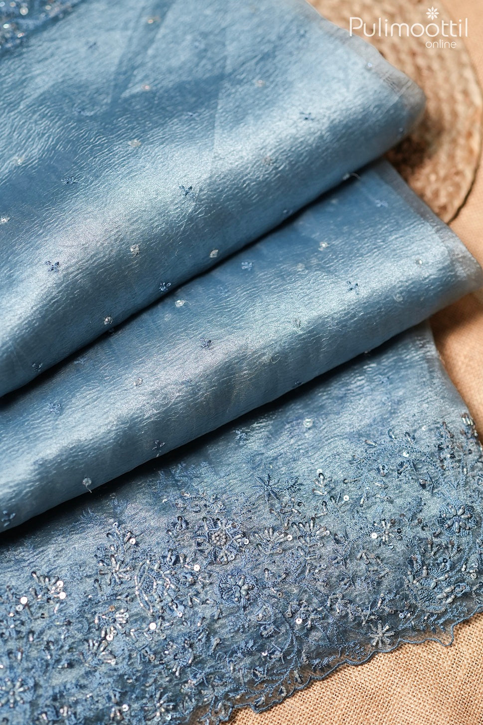 Blue grey color crushed organza fancy saree