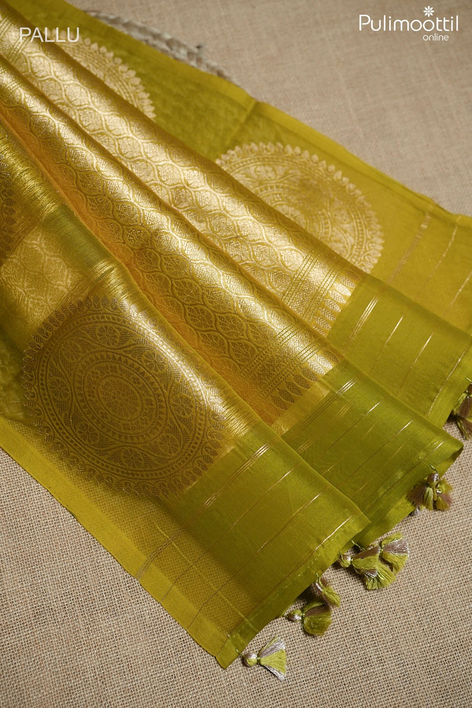 Olive yellow color organza fancy saree