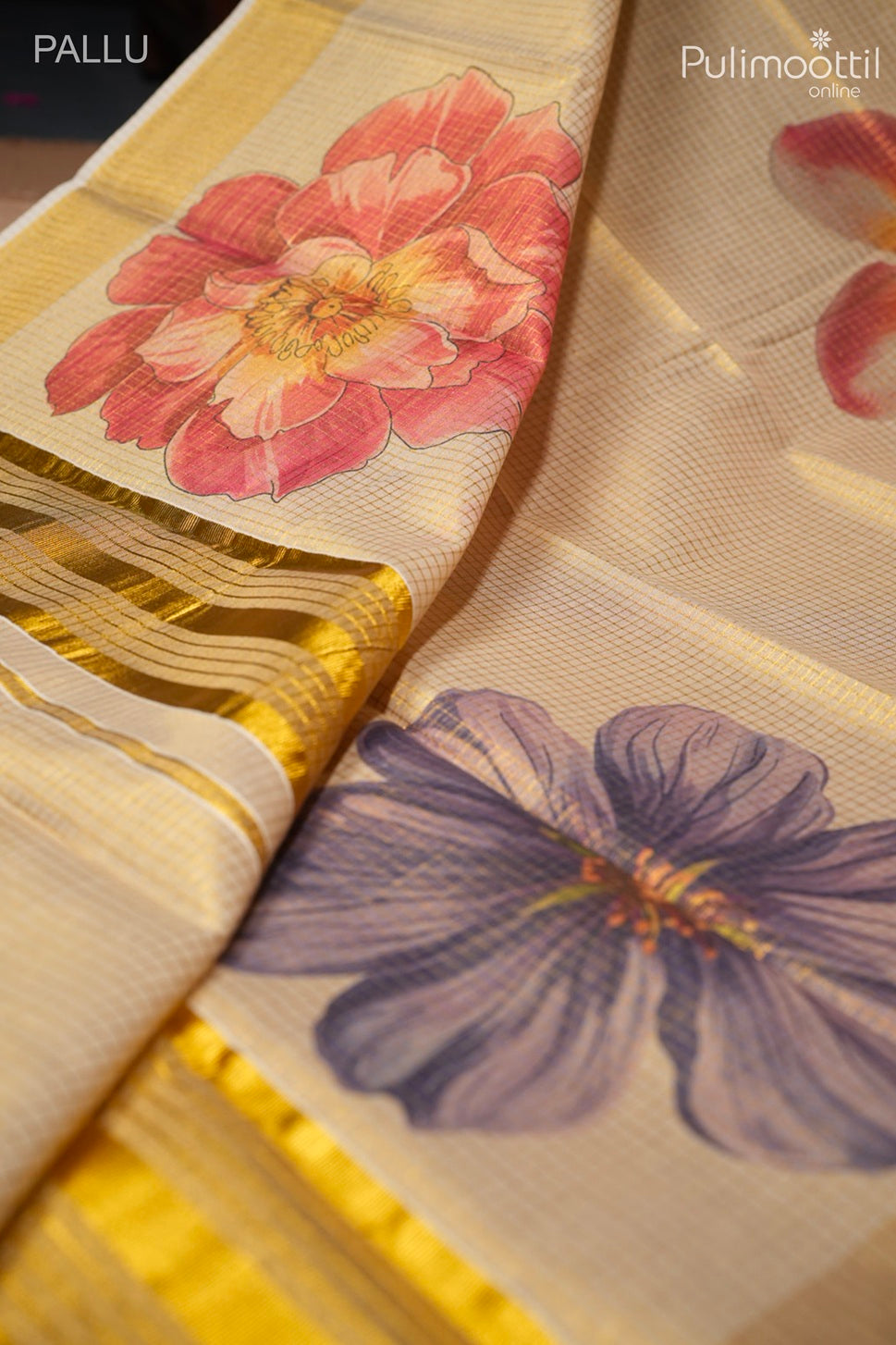 Kerala Traditional golden Tissue Grid Check Set Saree